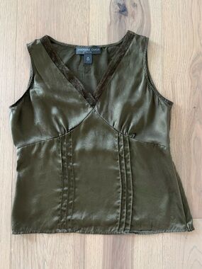 Josephine Chaus Olive 100% Silk V-Neck Camisole with Lace Trim